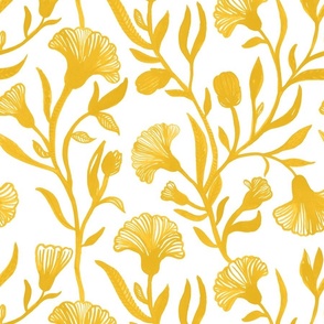 Large - Yellow and white Watercolor floral - Monochrome vintage Chinoiserie china inspired trailing Flowers - Easter spring flower 