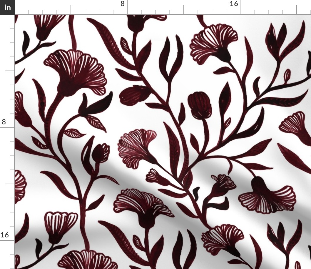 Large - Red-brown and white Watercolor floral - Monochrome vintage Chinoiserie china inspired trailing Flowers