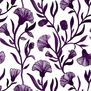 Large - Plum purple and white Watercolor floral - Monochrome vintage Chinoiserie china inspired trailing Flowers