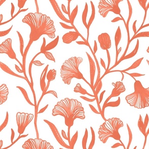 Large - Peach and white Watercolor floral - Monochrome vintage Chinoiserie china inspired trailing Flowers