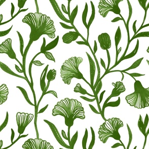 Large - Green and white Watercolor floral - Monochrome vintage Chinoiserie china inspired trailing Flowers
