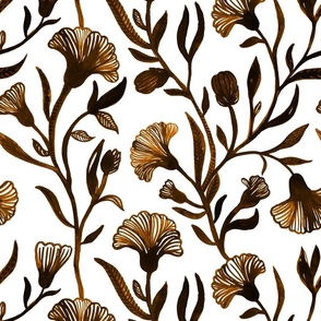 Large - Brown and white Watercolor floral - Monochrome vintage Chinoiserie china inspired trailing Flowers