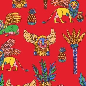 Cartoon lions and tropical fruit on red