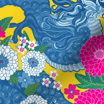 CHIANG MAI BLUE AND WHITE WITH HOT PINK ACCENTS AND YELLOW BACKGROUND