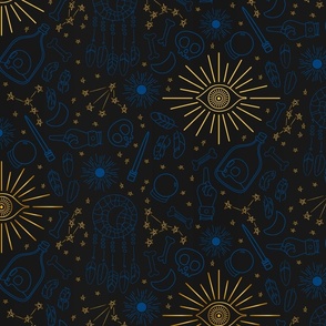 Blue and Gold Witchcraft Pattern - Dark Academia Halloween