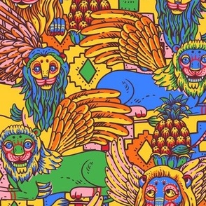 Colorful summer lions and pineapples on yellow