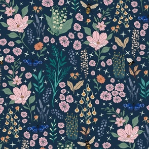 Moody Maximalist Wildflowers and Pollinators - ditzy florals and botanicals in Dark Blue, Pink and Green // Large Scale