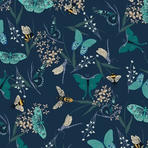 Moody Maximalist Butterfly and Bee Scatter Pattern - in Shades of Teal, Green, Dark Blue and Cream