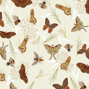 Cottagecore Maximalist Butterfly and Bee Scatter Pattern - in Warm Neutrals, Orange and Green,