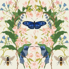 Maximalist Botanical Pollinators - hummingbirds, butterflies, bees, florals and botanicals in Cream, Cobalt Blue, and Coral Pink  // Large Scale