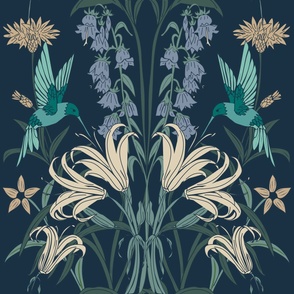 Maximalist Lillies and Pollinators - hummingbirds, butterflies, bees, florals and botanicals in Dark Blue, Teal, and Cream // Large Scale