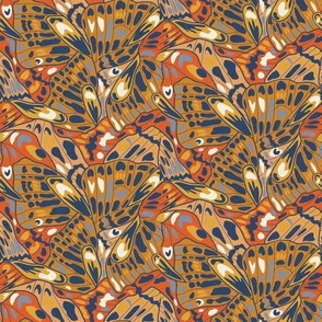 Abstract Maximalist Monarch Butterfly Wing Fashion Print - in Warm Neutrals, Orange, Dark Blue