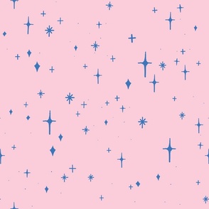 Large Retro Sparkles and Stars in Blue on Fairy Tale Pink #facdd8