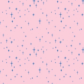 Medium Retro Sparkles and Stars in Blue on Fairy Tale Pink #facdd8