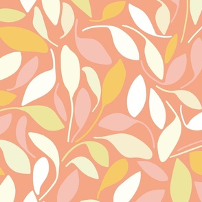 Tossed Leaves in Cream and Gold on Coral Pink