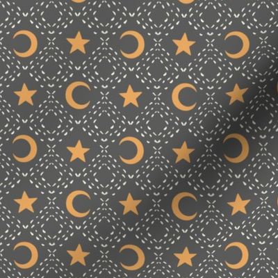 Halloween Dotted Line Diamonds With Moon & Stars- Black & Orange