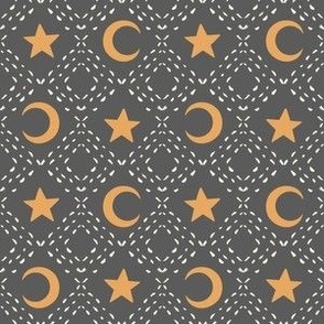 Halloween Dotted Line Diamonds With Moon & Stars- Black & Orange