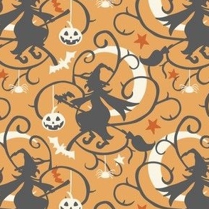 Halloween Witch on the Bloom With Moon & Stars- Orange & Black