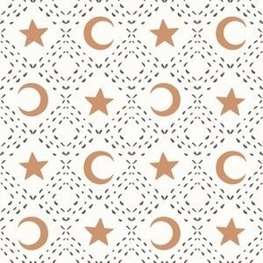 Halloween Dotted Line Diamonds With Moon & Stars- Black & Terracotta Brown on White