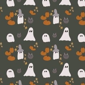 Cute Halloween Ghosts & Pumpkins - Dark Green 