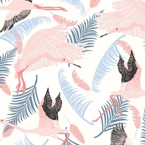 Pink Flamingo Tropical Blue Palm Tree Leaf