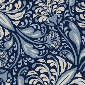 lush fantasy floral-monochrome-blue-large scale