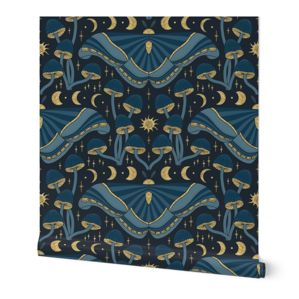 Whimsi-moth (whimsigoth midnight moths and mushrooms) (Blue and Gold) (Large)
