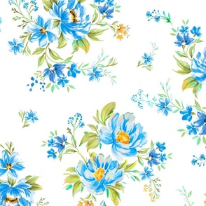 Hand Painted Floral Bouquet, Blue Peony, Blue Floral