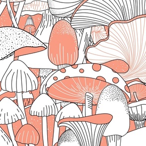 Monochrome Mushrooms in Soft Orange/Black and White (Large)