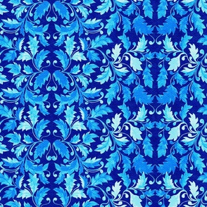 Blue Portugal Azulejo Leaf Ornament, Watercolor Leaves Seamless Pattern