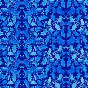 Deep Blue Portugal Azulejo Leaf Ornament, Watercolor Leaves Seamless Pattern