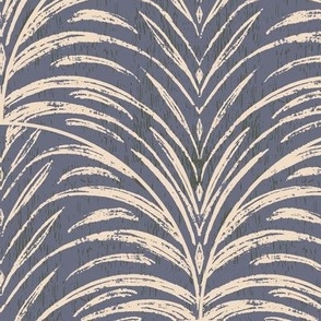 Rustic Feathered Tropical Textured Leaves - Natural on Smokey Blue with Dark Green Texture