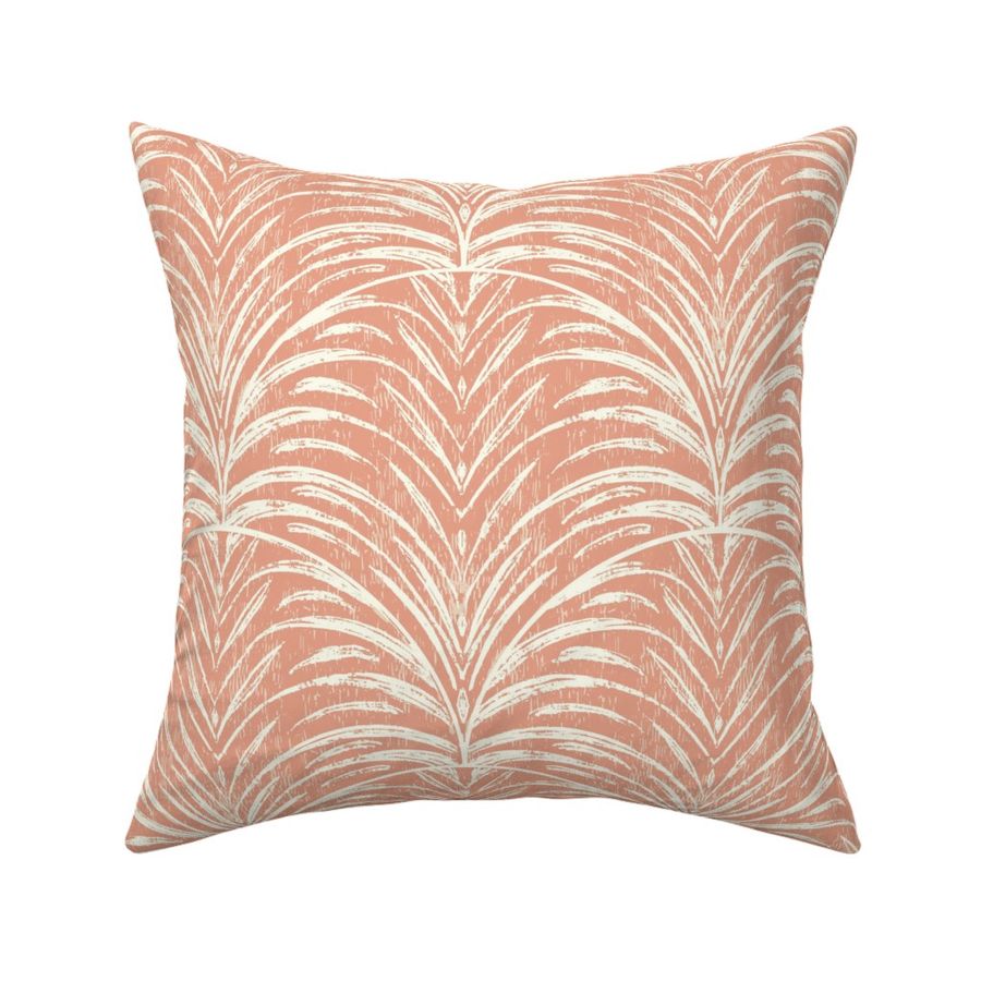 Rustic Feathered Tropical Textured Leaves - Off White on Coral Peach