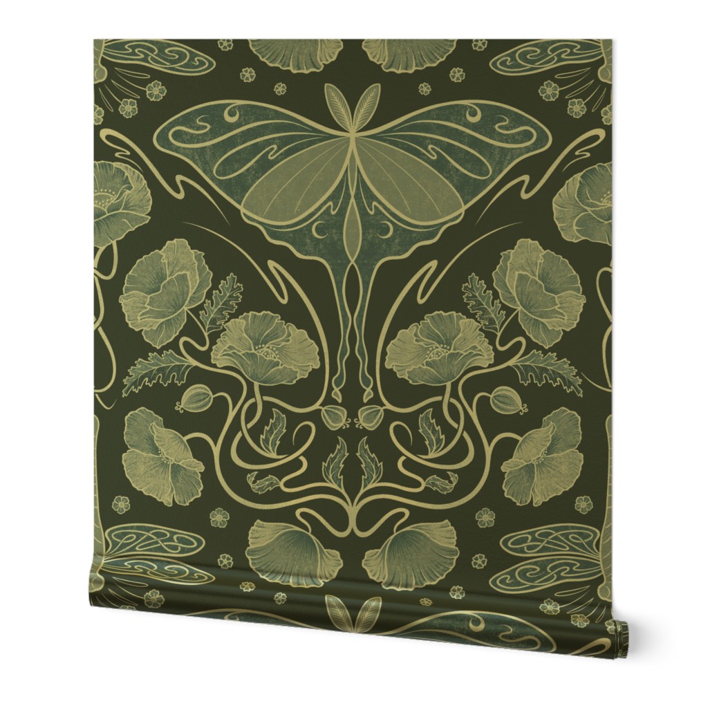 Monochromatic Art Nouveau poppies, dragonflies and lunar moths - blue