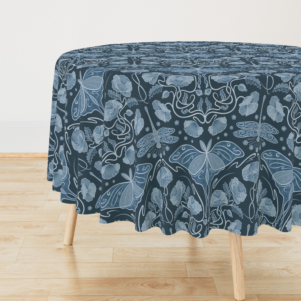 Monochromatic Art Nouveau poppies, dragonflies and lunar moths - blue