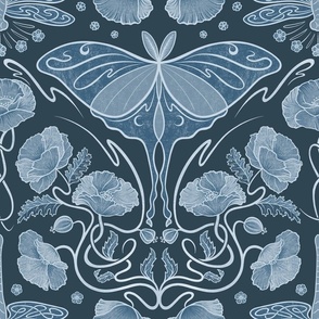 Monochromatic Art Nouveau poppies, dragonflies and lunar moths - blue