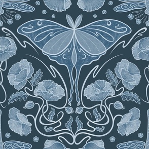 Monochromatic Art Nouveau poppies, dragonflies and lunar moths