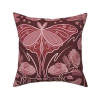 Monochromatic Art Nouveau poppies, dragonflies and lunar moths - burgundy