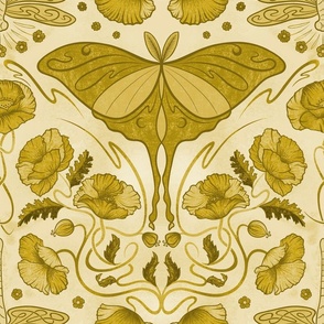 Monochromatic Art Nouveau poppies, dragonflies and lunar moths - gold