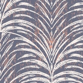 Rustic Feathered Tropical Textured Leaves - Off White on Smokey Blue with Coral Texture