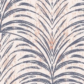 Rustic Feathered Tropical Textured Leaves - Smokey Blue on Off White with Coral Texture