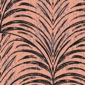 Rustic Feathered Tropical Textured Leaves - Black on Coral Peach