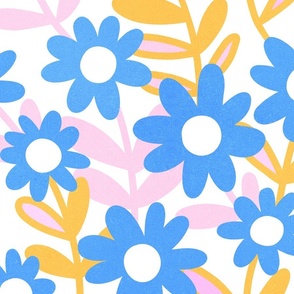 (L) 70s Minimal Abstract Floral Daisies in Bloom Azure Blue on white #minimalfloral #70sfloral #pinkandblue