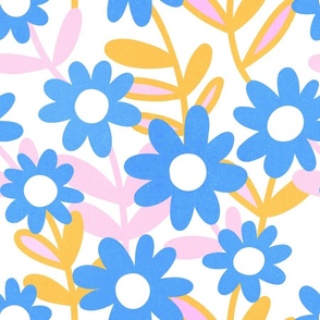 (M) 70s Minimal Abstract Floral Daisies in Bloom Azure Blue on white #minimalfloral #70sfloral #pinkandblue
