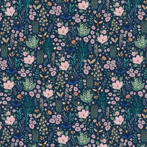 Moody Maximalist Wildflowers and Pollinators - ditzy florals and botanicals in Dark Blue, Pink and Green // Small Scale