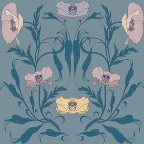 Poppy Flowers & Leaves Art Nouveau Teal Blue