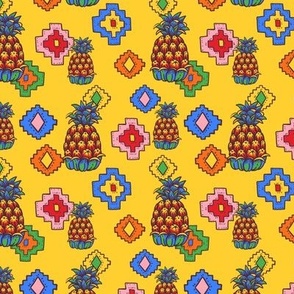 Bright colorful rhomb and pineapples on yellow