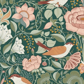 Large // Bird's Paradise in William morris style / green