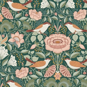 medium // Bird's Paradise green in William morris style 