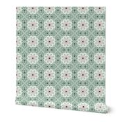 flowers and leaves on a grid, sea foam green 